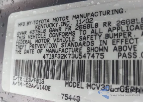 2003 Toyota Camry Le V6 z USA, uszkodzony, nr VIN 4T1BF32K73U547475